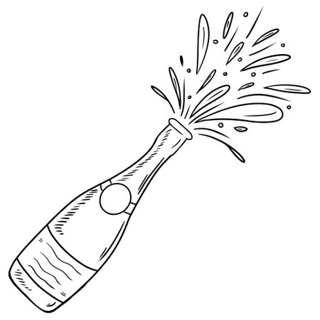 Uncorked splashing champagne bottle as a symbol of New Year celebration in black isolated on white background. Hand drawn vector sketch illustration in doodle engraved vintage line art styleのイラスト素材