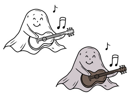 Hand drawn vector cute gray ghost is playing wooden brown guitar singing with musical notes on white. Sketch illustration in doodle engraved vintage line art style. Happy Halloween coloring bookのイラスト素材