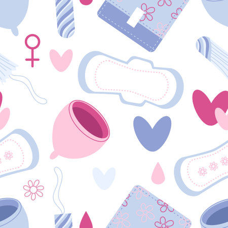 Beautiful vector flat seamless pattern with women menstruation sanitary goods. Hand drawn vector flat colored illustration. Disposable pad, tampon, menstrual cup, drops, hearts, calendarのイラスト素材