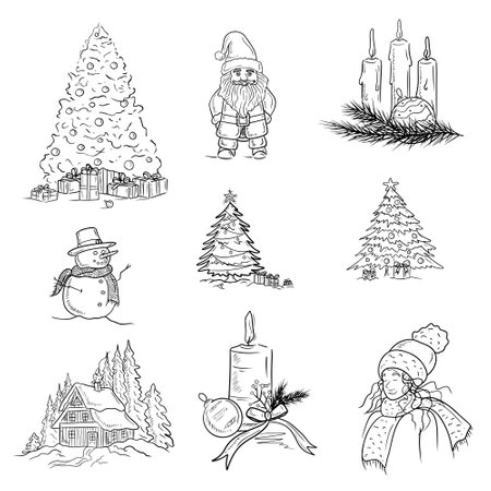 Beautiful set with Christmas tree, Santa Claus, candles decoration, beautiful cozy winter house, snowman and beautiful woman in knitted warm hat and scarf. Hand drawn vector sketch illustrationのイラスト素材