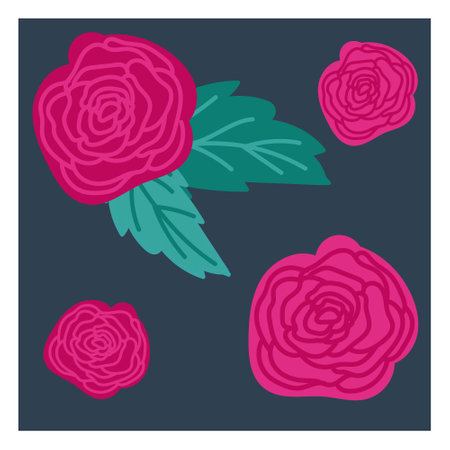 Beautiful pink simple rose flowers with leaves on dark indigo blue background. Hand drawn vector flat illustration. Decoration, icon, sticker for Day of the dead celebration, greeting card designのイラスト素材