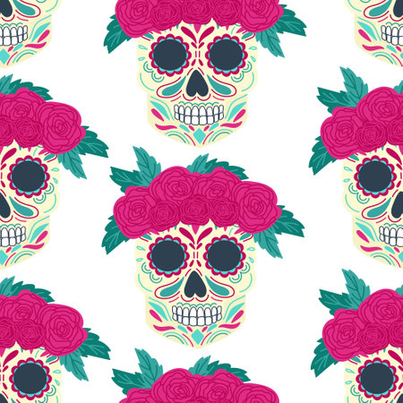 Beautiful seamless pattern with decorated skull with roses wreath as a symbol of Day of the Dead and Dia de los Muertos. Traditional Mexican holiday. Ready repeatable texture for print, tissueのイラスト素材
