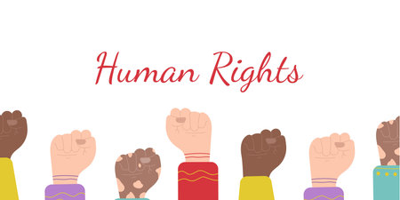 Fists raising up as a symbol of protest for human rights. Concept of diversity, racial conflicts, vitiligo disease. Hand drawn vector illustration in flat style. Human hands up, agitation, electionsのイラスト素材