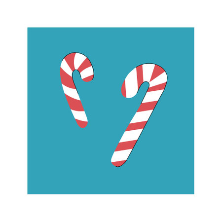 Beautiful traditional Christmas candy cane in red and white colors isolated on blue background. Hand drawn vector flat colored illustration. Winter holidays celebration, children treatのイラスト素材