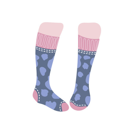Beautiful female white skin legs in high blue and pink socks with stained pattern on white...