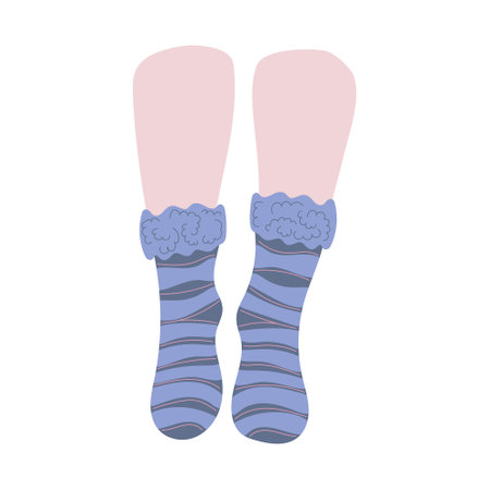 Beautiful pair of blue striped socks with fluffy top on female white skin legs on white background. Hand drawn vector illustration in flat style. Textile, clothes brand, children, woman, winter seasonのイラスト素材