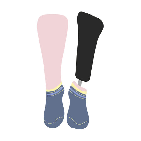 Short blue socks on legs with prosthesis isolated on white background. Hand drawn vector illustration in flat style. Textile, inclusive clothes brand, prosthetic leg, everyday sport clothes, diversityのイラスト素材