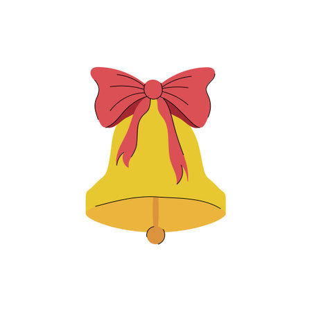 Beautiful golden bell with red ribbon bow on top isolated on white background. Hand drawn vector flat colored illustration. Symbol of jingle bells, merry Christmas celebration, happy new year iconのイラスト素材