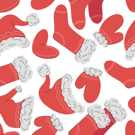 Vector Christmas seamless border made of red Santa hat, mittens, gloves and socks. Merry Christmas and Happy New Year greeting card. Warm knitted winter clothes, web banner design, print, holidayのイラスト素材
