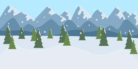 Vector winter mountain landscape with evergreen trees, snow and snowflakes. Merry Christmas greeting card. Hand drawn vector illustration in flat style. Happy New year. Ski timeのイラスト素材