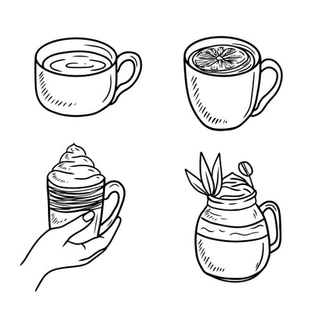 Set of mugs with hot drinks holding in hand. Hand drawn vector sketch illustration in doodle engraved vintage line art style. Cold weather warm drinks, tea, cocoa, coffee with cream, cocktailのイラスト素材