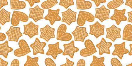 Vector seamless pattern with flat gingerbread cookies in heart, star and snowfall shape with white icing on white background. Hand drawn vector flat illustration design. Merry Christmasのイラスト素材