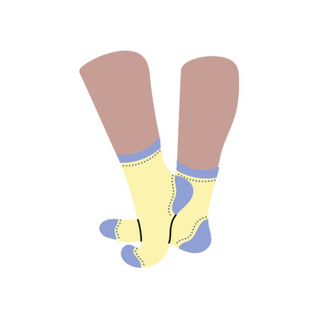 Beautiful female tanned skin legs in yellow and blue socks on white background. Hand drawn vector illustration in flat style. Textile, clothes brand, children, woman legs, everyday clothes, diversityのイラスト素材