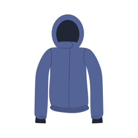 Winter sports jacket with hood as a part of suit. Hand drawn vector illustration in flat style. Ski winter mountain suit part in blue color for cold weather. Waterproof and windproof jacketのイラスト素材