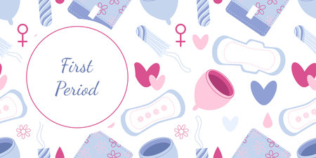 First period guidelines. Vector flat banner with women menstruation sanitary goods. Hand drawn vector flat colored illustration. Disposable pad, tampon, menstrual cup, drops, hearts, calendarのイラスト素材