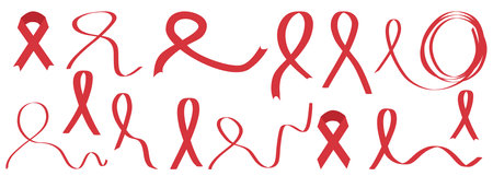 Set of crossed red ribbons as a symbol of world AIDS awareness day. Hand drawn vector illustration in flat style. Decoration for banner, poster, informative preventive web designのイラスト素材