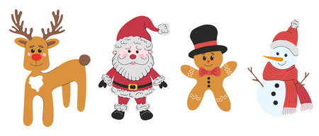 Vector flat winter holidays characters. Santa claus, reindeer, gingerbread man cookie in hat and snowman with knitted scarf and hat. Hand drawn vector flat illustrations. Greeting card designのイラスト素材