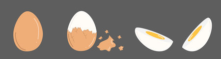 Instructions on how to cook classic hard boiled eggs. The whole egg with brown egg shell, peeled egg and half sliced boiled egg with yellow yolk. Hand drawn vector illustration in flat styleのイラスト素材