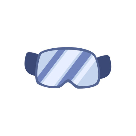 Protective ski mountain glasses mask in blue color isolated on white background. Hand drawn vector illustration in flat style. Winter ski, snowboard equipment. Unisex tool for comfort racingのイラスト素材