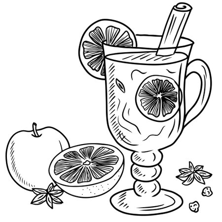 Hot mulled wine with orange slices and cinnamon sticks in black color isolated on white background. Hand drawn vector sketch illustration in doodle engraved line art style. Winter wine drinkのイラスト素材