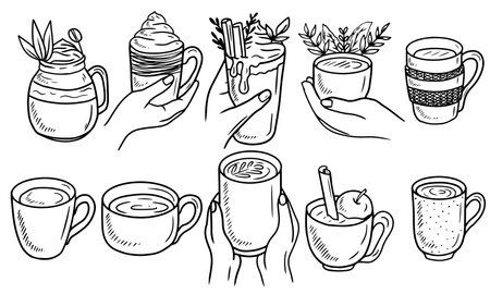 Set of mugs with hot drinks holding in hand. Hand drawn vector sketch illustration in doodle engraved vintage line art style. Cold weather warm drinks, tea, cocoa, coffee with cream, cocktailのイラスト素材