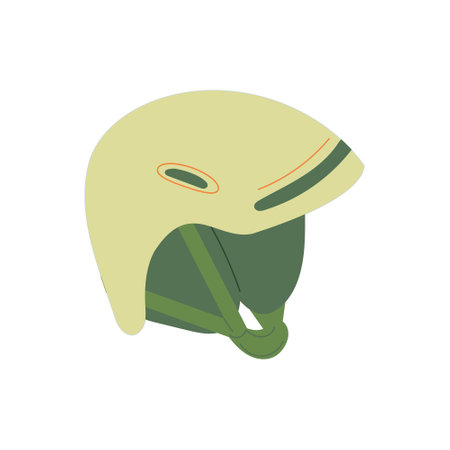 Protective mountain skiing helmet in yellow and green colors isolated on white background. Hand drawn vector illustration in flat style. Concept of skiing, snowboarding equipmentのイラスト素材