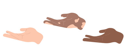 Hand gesture outstretching as concept asking for help isolated on white background. Hand drawn vector illustration in flat style. Charity, treat, diversity. Black dark white and vitiligo skin. Emojiのイラスト素材