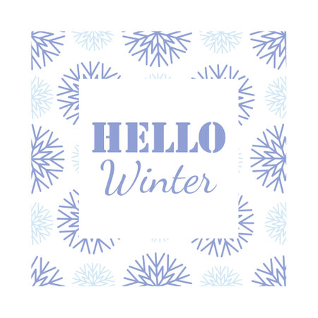 Hello winter. 1st December as a symbol of winter beginning. Hand drawn vector illustration in flat style. Blue snowflakes background. Vector web banner, greeting card, snowfall design, square frameのイラスト素材