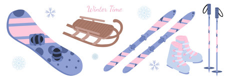 Winter sports web banner. Hand drawn vector sketch illustration in flat style. Snowboard, wooden sledge, pair of skis, boots and ski poles on white background. Winter snow activityのイラスト素材