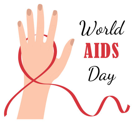 Hand holding crossed red ribbon as a symbol of world AIDS Day at 1st December. Awareness of AIDS disease poster. Hand drawn vector illustration in flat style. Medicine web banner, health careのイラスト素材