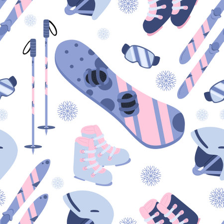 Seamless pattern with winter sports equipment. Snowboard, ski, goggles, ski boots, protective helmet in blue and pink colors. Hand drawn vector illustration in flat style. Print design, wallpaperのイラスト素材