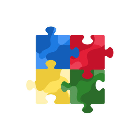 Four jigsaw puzzles in blue, yellow, green and red colors square isolated on white background. Hand drawn vector illustration in flat style. Autism spectrum disorder concept, children inclusivityのイラスト素材