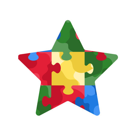 Cute jigsaw puzzle in star shape in blue, yellow, green and red colors square isolated on white background. Hand drawn vector illustration in flat style. Autism spectrum disorder concept, childrenのイラスト素材