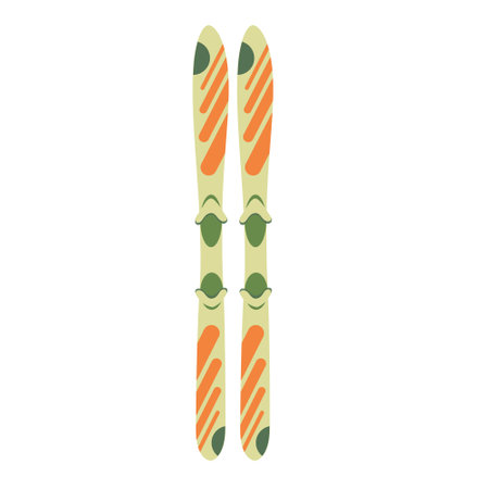 Yellow, orange and green pair of skis isolated on white background. Hand drawn vector illustration in flat style. Winter mountain sport equipment. Web icon, sticker design, drawingのイラスト素材