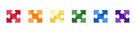 Set of colorful jigsaw puzzle pieces in red, orange, yellow, green, blue and purple color isolated on white. Hand drawn vector illustration in flat style. Team building, business icon, stickerのイラスト素材