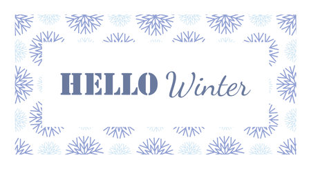 Hello winter. 1st December as a symbol of winter beginning. Hand drawn vector illustration in flat style. Blue snowflakes background. Vector web banner, greeting card, snowfall design, square frameのイラスト素材