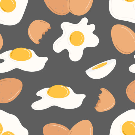 Seamless pattern with chicken eggs. Hand drawn vector illustration in flat style. Whole brown eggshell eggs, boiled, fried eggs, yolk, broken eggshells. Concept of tasty breakfast, farm, cookingのイラスト素材