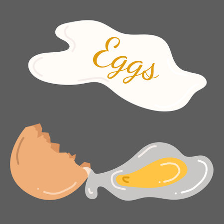 Cracked brown eggshell with a raw liquid egg inside on dark background. Hand drawn vector illustration in flat style. Cooking process, egg design. Bakery ingredientのイラスト素材
