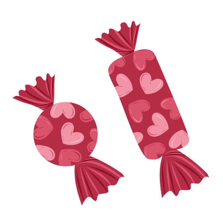 Chocolate candies in red foil with hearts as a concept of happy Valentines day celebration. Hand drawn vector illustration in flat style. Wrapped lovely sweeties, confectionery, cafe, gift.のイラスト素材