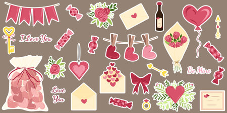 Happy Valentines Day. Set of hand drawn vector flat illustrations with stickers. Hearts, love, champagne, flower bouquet, balloon, chocolate candy, love letter, gift ideas, I love you, be mine.のイラスト素材