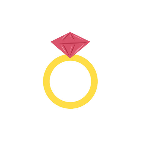 Engagement golden ring with red ruby stone isolated on white background. Hand drawn vector illustration in flat style. Wedding ring in trendy style, happy Valentine's day, date, relationsのイラスト素材
