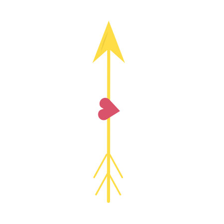 Golden lovely cupid arrow with heart isolated on white background. Happy Valentine's day greeting card design. Hand drawn vector illustration in flat style. Concept of love, date, relations, symbolのイラスト素材