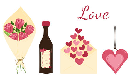 Romantic date equipment. Happy Valentines day celebration. Bouquet of rose flowers, wine bottle, love letter with hearts, and heart shape pendant necklace. Hand drawn vector flat illustration.のイラスト素材