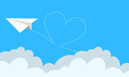 Paper plane flying around the clouds in the sky. Hand drawn vector illustration in flat style. Concept of delivery, back to school, vacation time, dash line heart track. Vector art, web bannerのイラスト素材