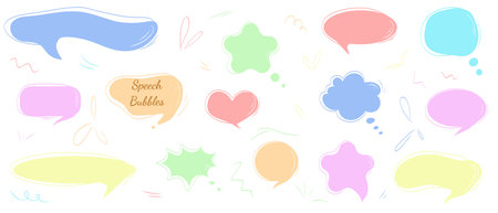 Colorful speech bubbles designs set in shape of heart, star. Abstract speech bubbles. Pastel color message box designs. Hand drawn vector illustration in flat style. Dialogue elementのイラスト素材