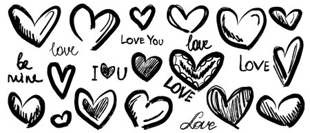 Hand drawn hearts with lettering for the Valentine's day as a symbol of love. Brush stroke textured art. Hand drawn vector sketch illustration in vintage charcoal ink style. Wedding invitation designのイラスト素材
