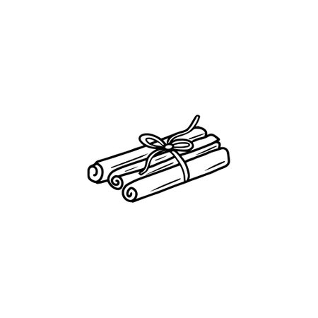 A set of cinnamon sticks tied with a thread in black isolated on white background. Hand drawn vector sketch illustration in doodle engraved vintage line art style. Mulled wine ingredient, spices.のイラスト素材