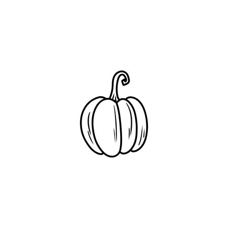 Classic round pumpkin with vertical ridges and a curved stem drawing in black isolated on white background. Hand drawn vector sketch illustration in doodle engraved vintage line art styleのイラスト素材
