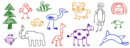 Colorful crayon small children wall drawings with house, lion, cow, person, giraffe, car, tree in black brush stroke texture isolated on white. Hand drawn vector sketch illustrations in charcoal ink.のイラスト素材