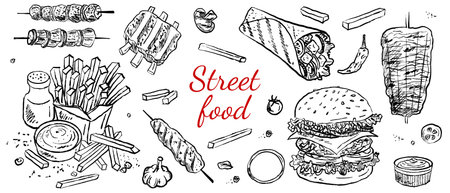Street food design, hamburger line art drawing. Doner kebab crayon illustration, chicken pita roll in vintage black style. Menu design, web banner, invitation, camping symbol, french fries.のイラスト素材